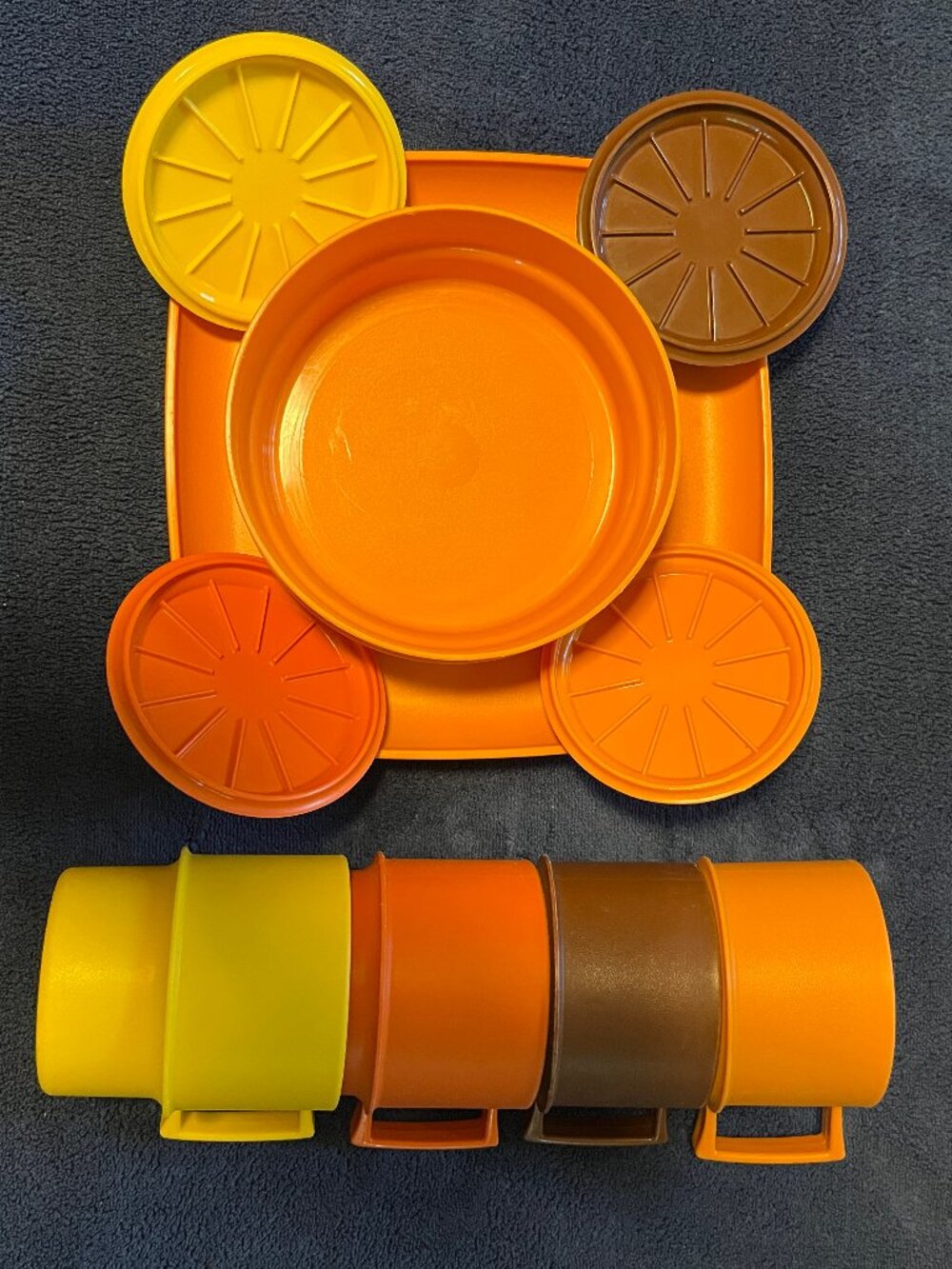 TUPPERWARE Vintage Multi-Color Stacking Mugs, Lids/Coasters, Bowl, Plate